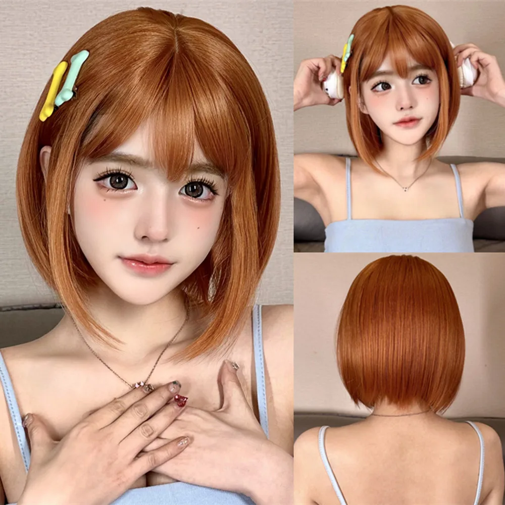 Top Trends: Short Orange Straight Bob Hair Synthetic Wigs With Bangs Orange Colorful Cosplay Party Wig For Women Heat Resistant Fiber Daily Shoppable Styles