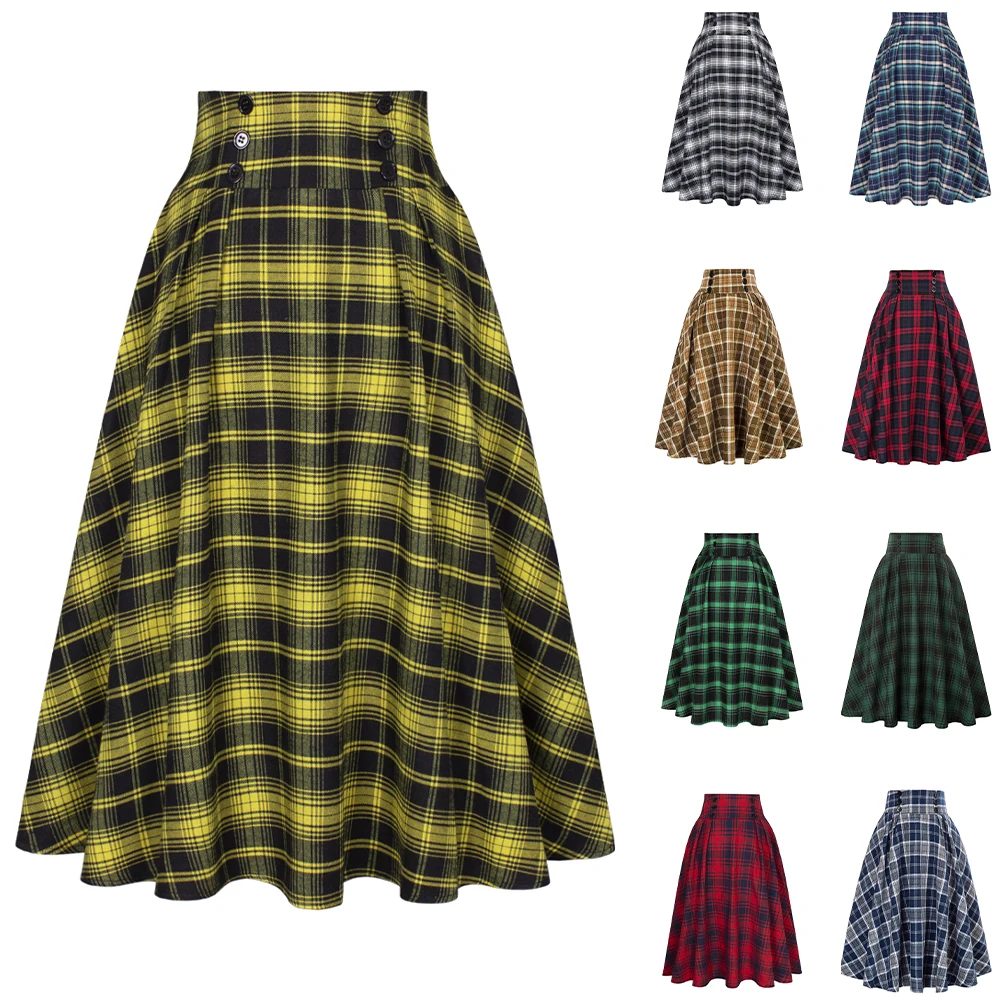 Top Trends: 2023 New Fashion Buttons Black Yellow Blue Green Red Plaid Skirt SS0037 Plus Size Autumn Winter Women High Waist Midi Skirts Shoppable Styles