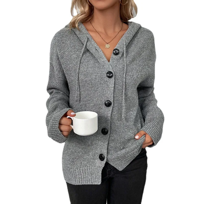 Top Trends: Women Autumn And Winter New Hooded Drawstring Cardigan Sweater Solid Color Button Splicing Long Sleeves Coat Shoppable Styles