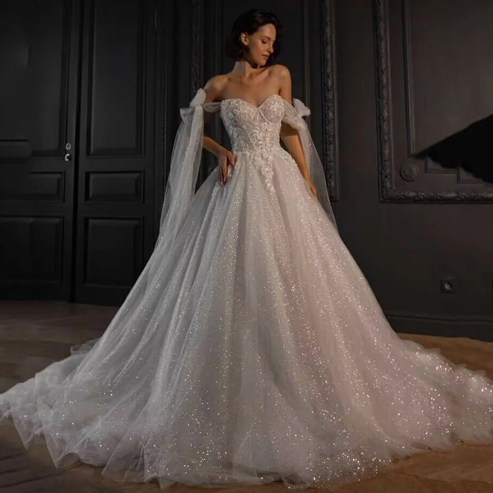 Top Trends: Shiny Glitter Tulle Wedding Dresses Vintage Boho Bride Dress Lace Beads Off Shoulder Princess Wedding Gowns 2024 Casamento Shoppable Styles