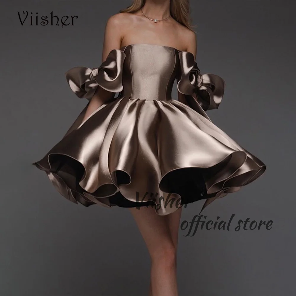 Top Trends: Viisher Brown Sparkly Satin Short Prom Party Dresses With Bow Pockets Strapless A Line Evening Dress Above Knee Formal Gowns Shoppable Styles