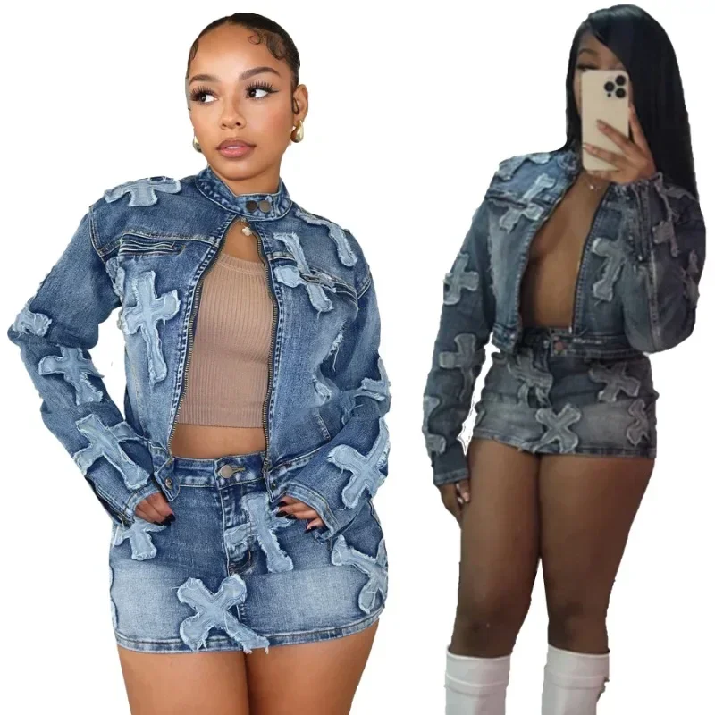 Top Trends: Denim Embroidered Two Piece Set Women Outfits Y2K Streetwear 2023 Autumn Winter Long Sleeve Zipper Short Jacket Mini Skirt Shoppable Styles