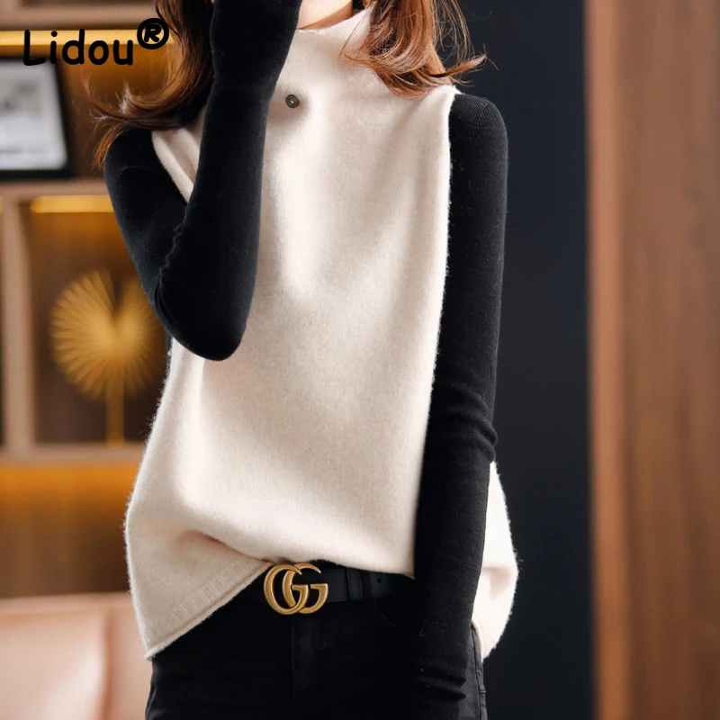 Top Trends: New Women 2022 Elegant Fashion Turtleneck Pullover Sweater Vest Spring Autumn Loose Warm Solid Knit Sleeveless Waistcoat Female Shoppable Styles