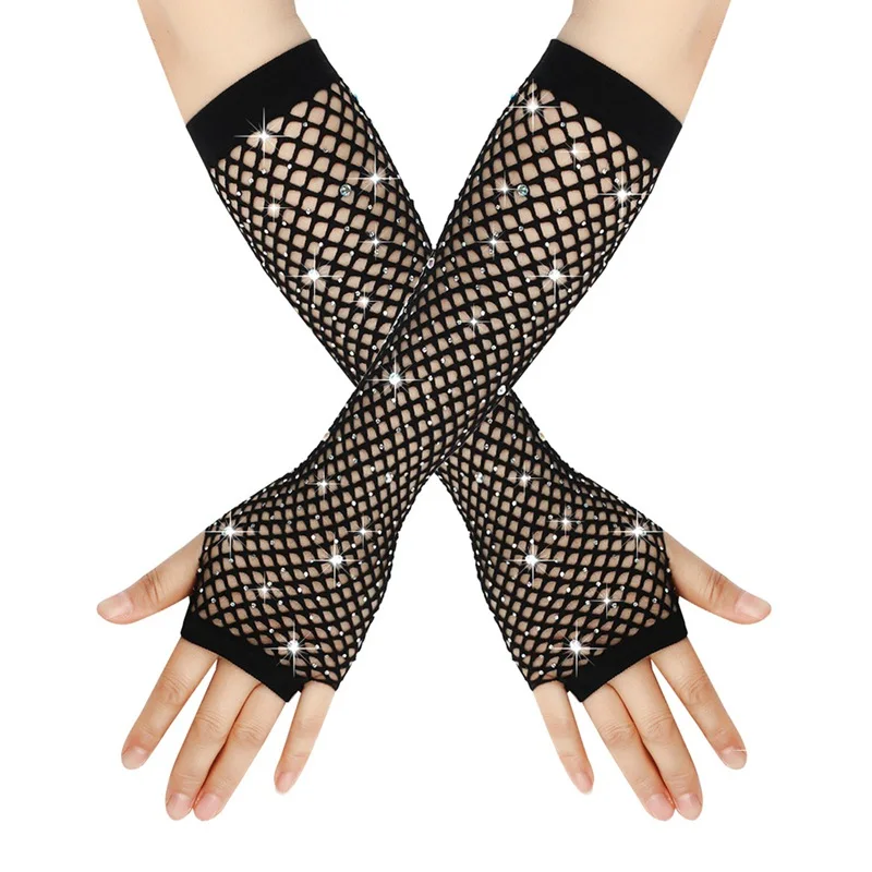 Top Trends: 1 Pair Black Girl Women Long Fishnet Net Gloves Shiny Rhinestone Fingerless Mesh Punk Rock Night Club Sexy Mittens Wholesale Shoppable Styles