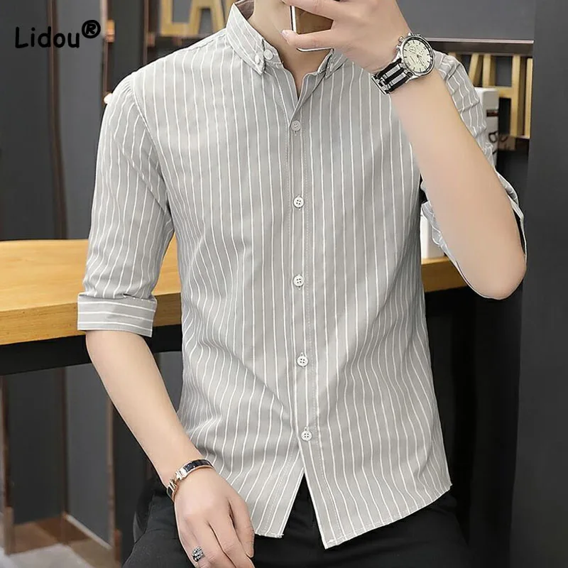 Top Trends: Korean Handsome Striped Printed Men&#039;s Shirt Business Office Casual Single-breasted Polo-Neck Slim Shirt Summer Male Clothes Shoppable Styles