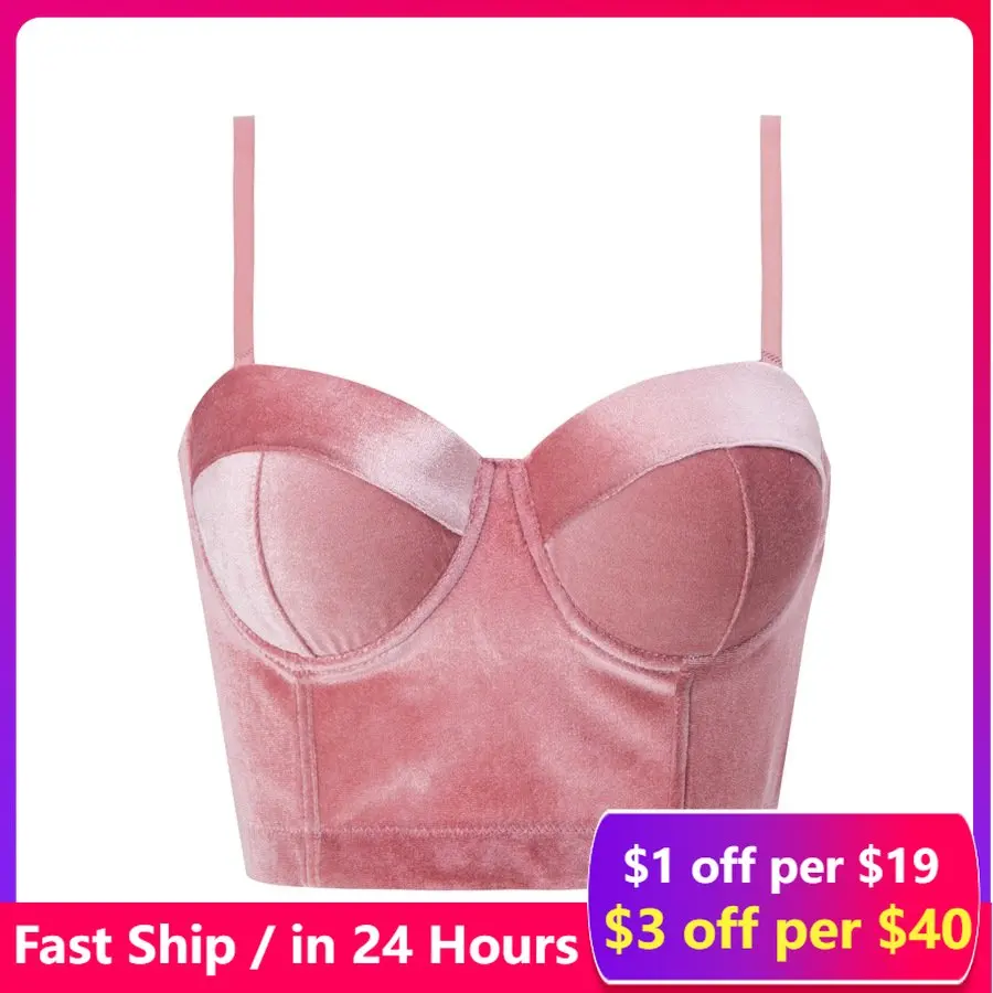 Top Trends: Pink Gothic Velvet Sexy Solid Crop Top Slim Fashion Cute Tops New Women&#039;s Bustier Bra Night Club Party Corset Top Vest Plus Size Shoppable Styles