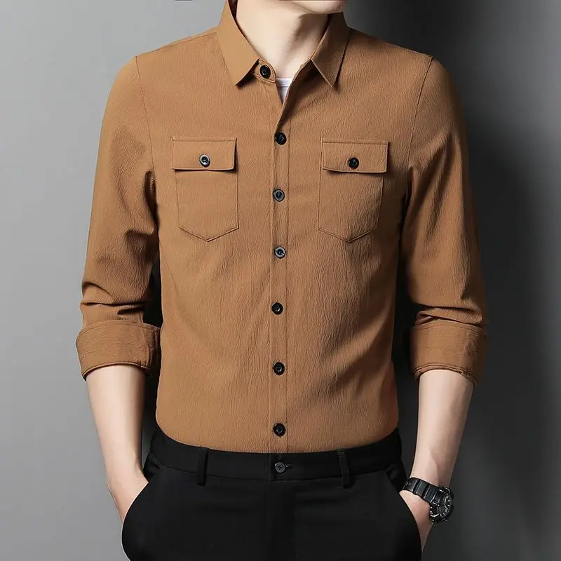 Top Trends: Korean New Spring Autumn Men Long Sleeve Shirt Solid Button Pocket Lapel Fashion Streetwear Male Clothes Casual Business Tops Shoppable Styles