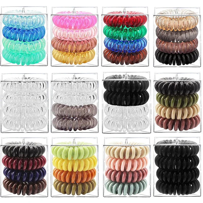 Top Trends: 4 Pcs / Box Telephone Wire Elastic Hair Rubber Bands Transparent Spiral Hair Ties Rings Gum For Women Girls Hair Accessories Shoppable Styles