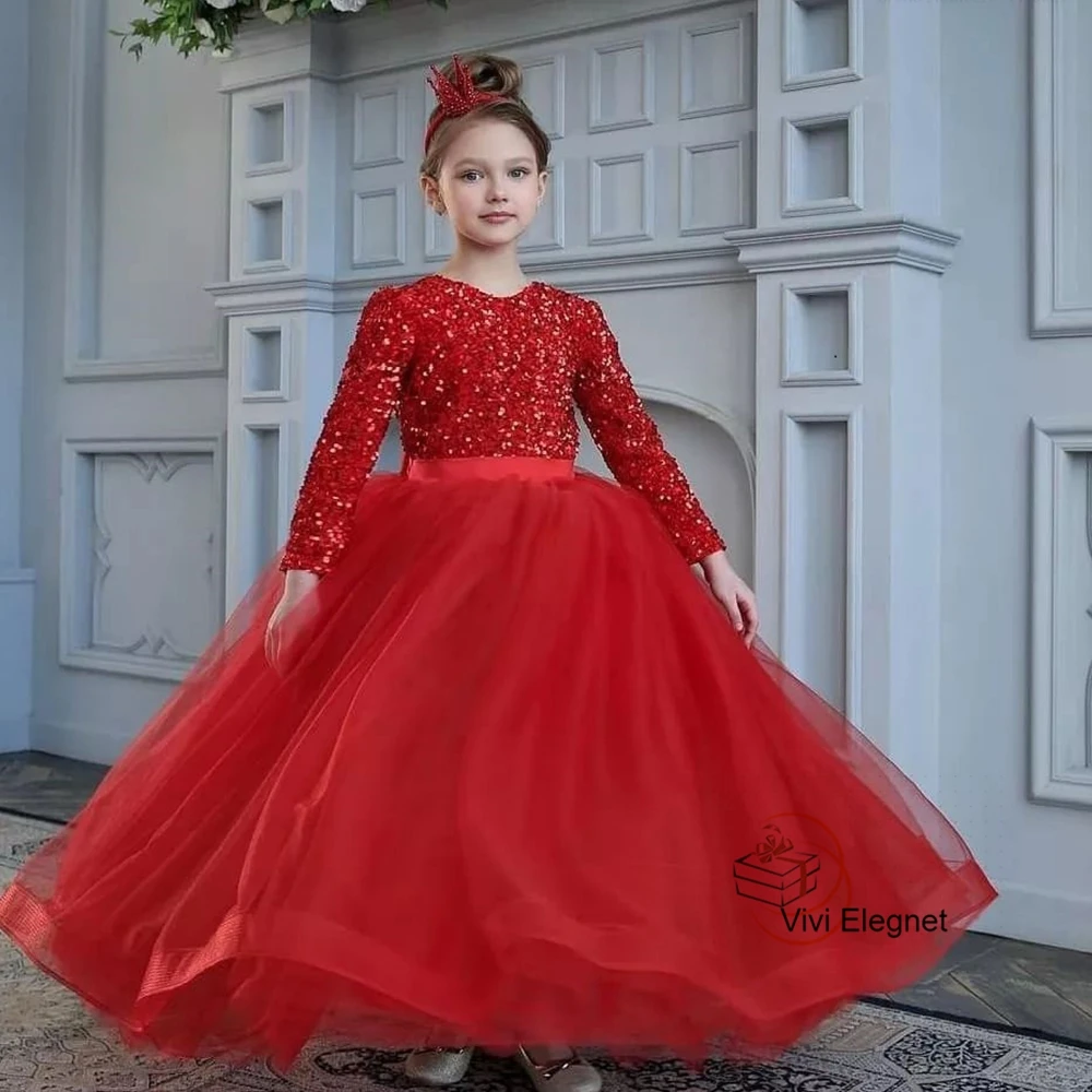 Top Trends: Fashion Scoop Full Sleeve Flower Girl Dresses For Women A Line Sequined Soft Tulle Zipper Back With Satin Bow فساتين بنات صغار Shoppable Styles