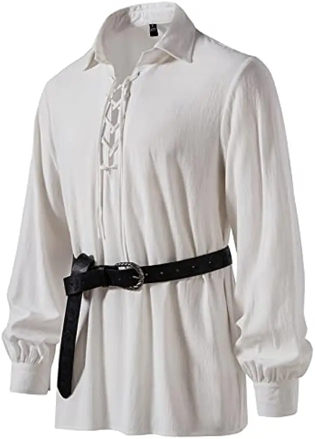 Top Trends: Mens Classic Lace Up Cotton Shirt Turn Down Collar Medieval Vintage Costume Long Sleeve Cosplay Man Shirts Without Belt Shoppable Styles