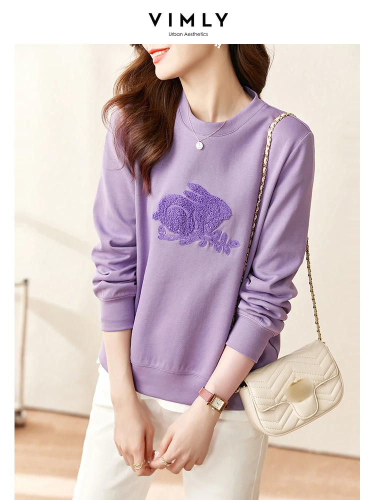 Top Trends: Vimly Cute Rabbit Embroidery Pullovers Sweatshirt For Women 2023 Fall Fashion Round Neck Long Sleeve Tops Female Clothes V7633 Shoppable Styles