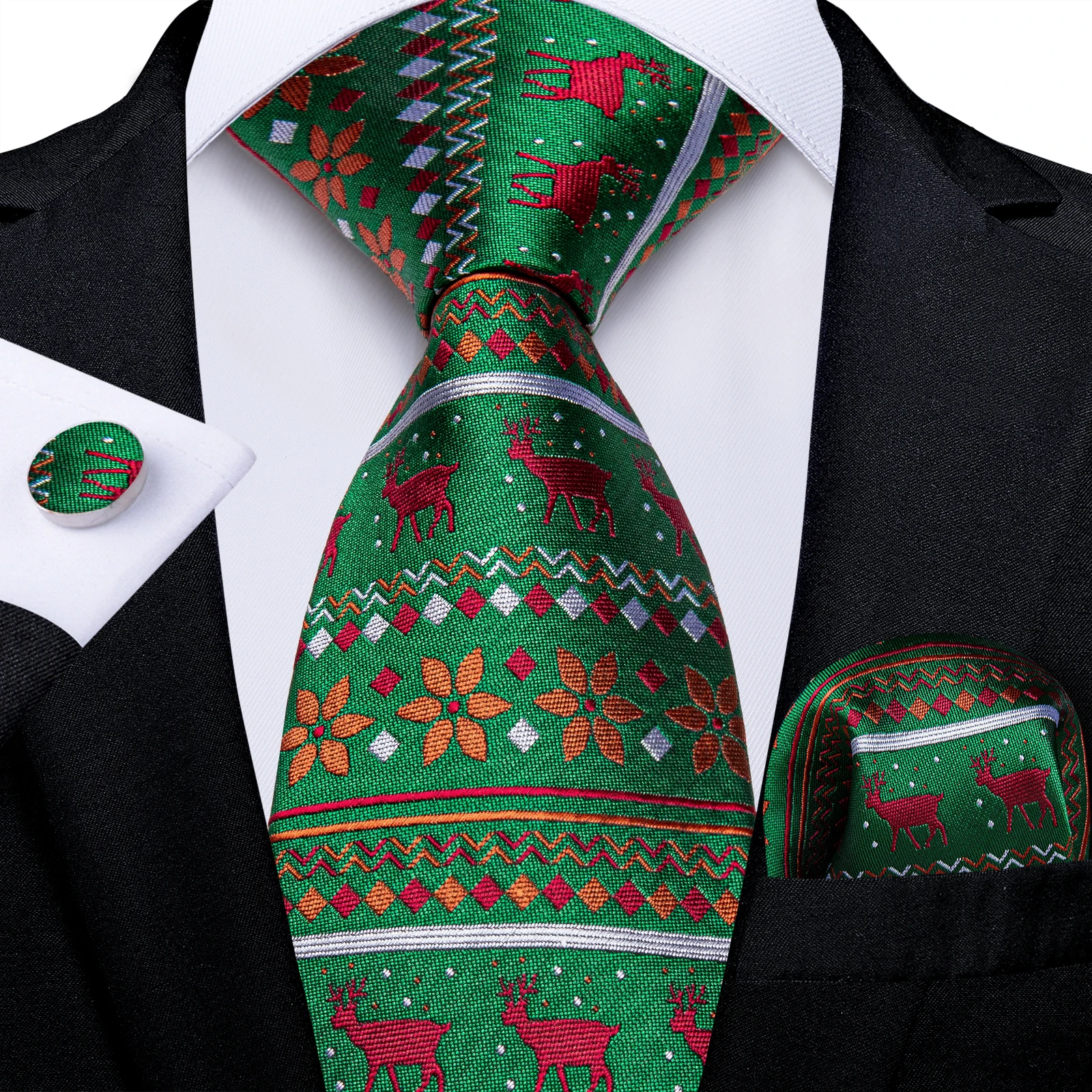 Top Trends: Christmas Reindeer Snowflake Green Red Silk Tie Set Pocket Square Cufflinks Wedding Party Men Accessories Gift For Men DiBanGu Shoppable Styles