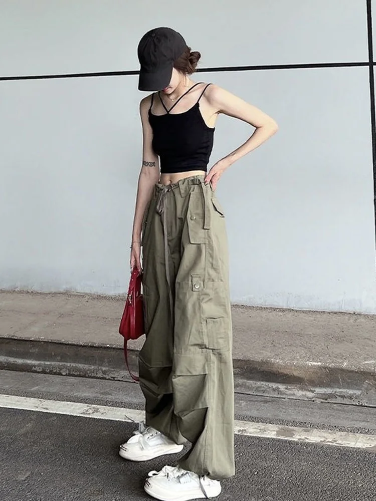 Top Trends: HOUZHOU Hip Hop Retro Green Cargo Pants Women Y2K Harajuku Oversize Wide Leg Black Parachute Trousers Female Vintage Streetwear Shoppable Styles - Image 2