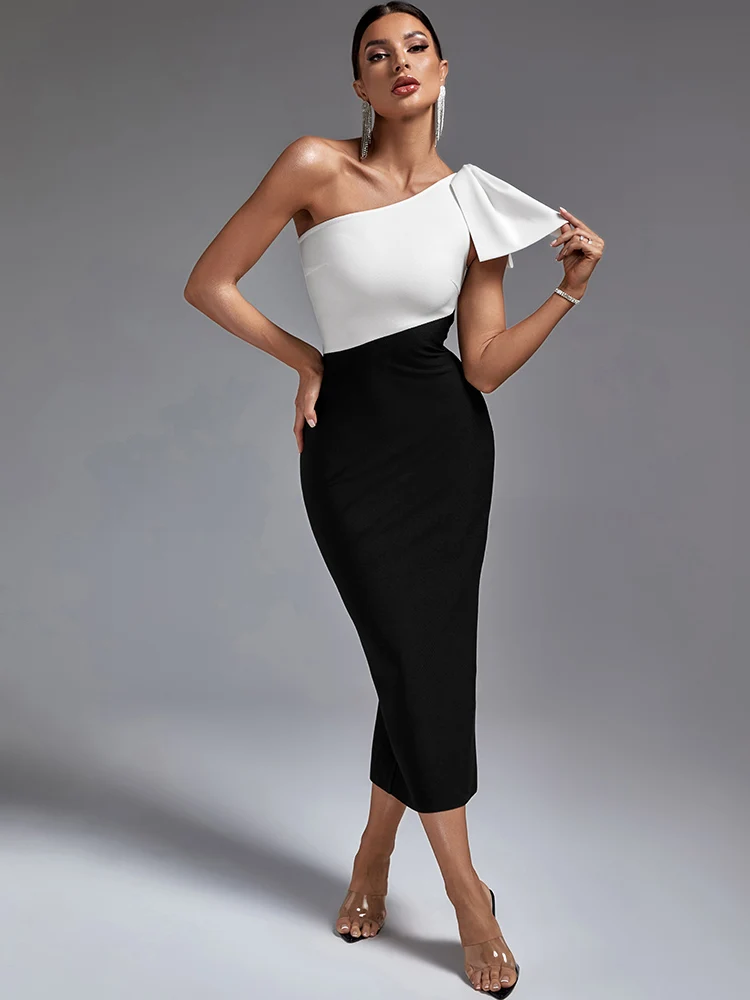 Top Trends: Long Bandage Dress Women One Shoulder Party Dress Maxi Bodycon Elegant Color Block Sexy Birthday Evening Club Outfit Summer 2023 Shoppable Styles