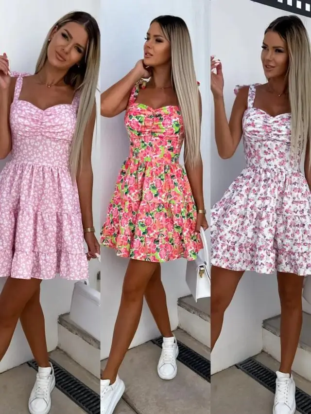 Top Trends: 2023 Summer Fashion Short Boho Dress Women Mini Floral Print Dress Female Sleeveless Hanging Belt Printed Waist Folded Dress Shoppable Styles