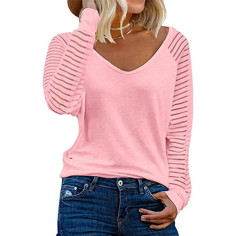 Top Trends: Fashion See-through Striped Long Sleeve T-Shirt Female Autumn Loose V Neck Pullover Tops Women Solid Color Casual Commuter Tees Shoppable Styles