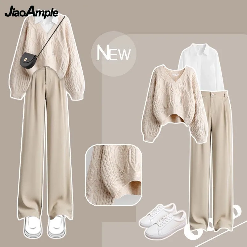 Top Trends: Women&#039;s Autumn / Winter Suit 2023 New Fashion Knitted Sweater White Shirt Casual Pants Three Piece Set Korean Elegant Matching Set Shoppable Styles