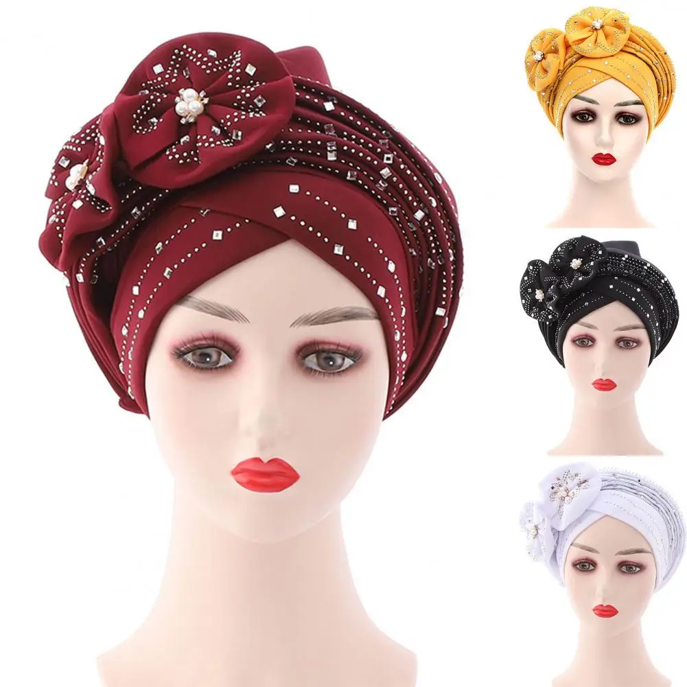 Top Trends: New In Pre-Tied Cross Wrap Turban Beanie Flower Decor Rhinestone Headscarf Cap Hair Accessories Shoppable Styles