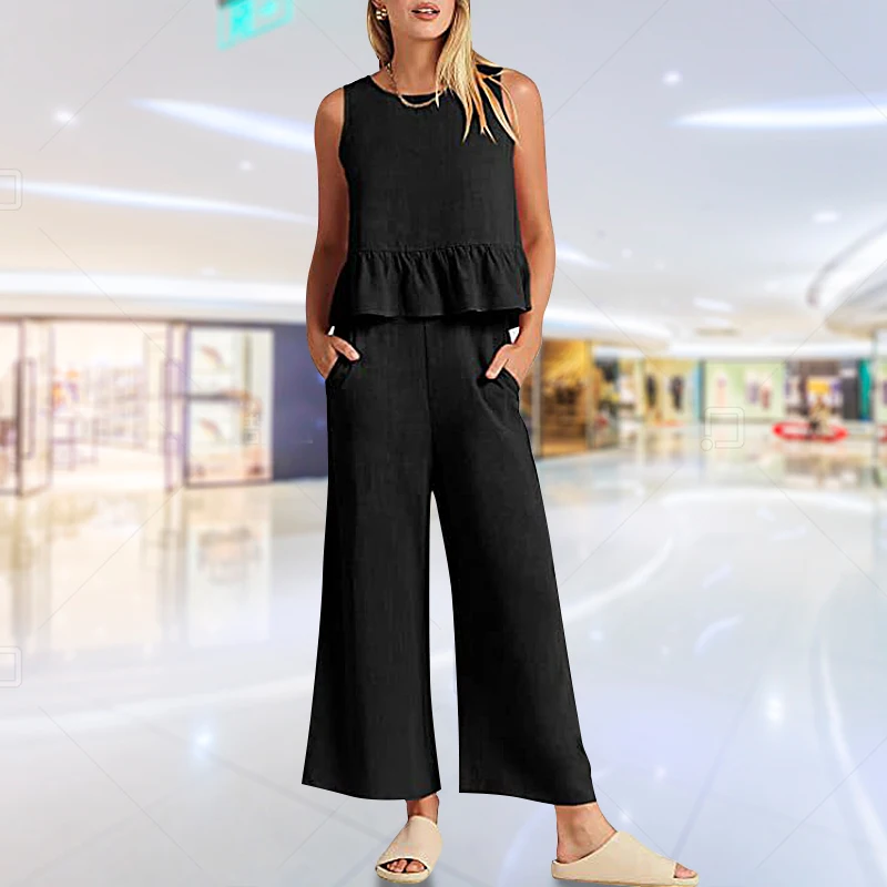 Top Trends: New Fashion Women Vest Tank Sleeveless Pocket Pant Ruffles Casual Wid Leg Elegant Loose Suits Jumpsuits Shoppable Styles