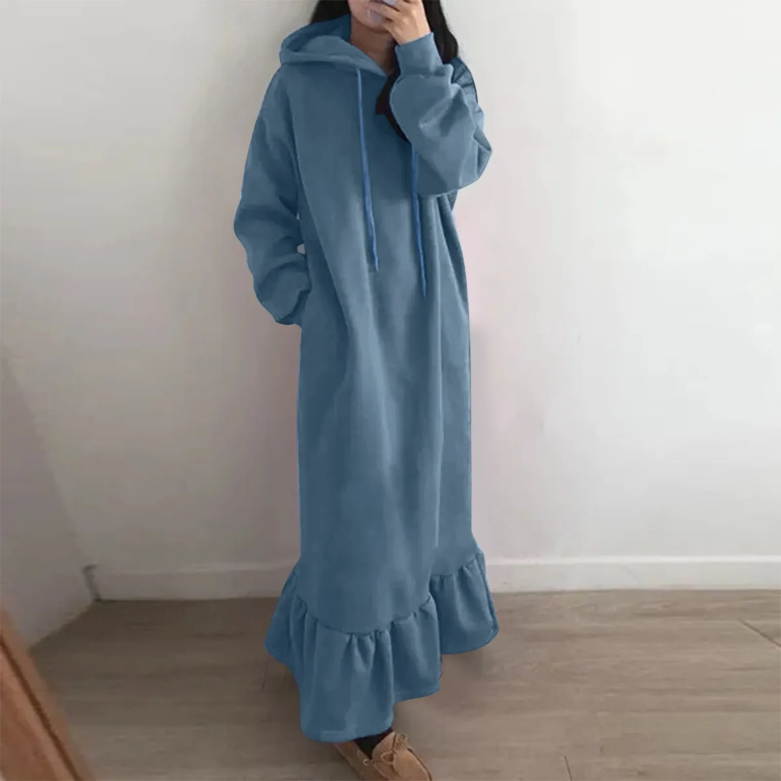 Top Trends: 2023 New Fashion Hooded Sweatshirts Dress Women Casual Solid Long Sleeve Maxi Dresses Winter Clothes Vestidos Warm Robe Femme Shoppable Styles - Image 4