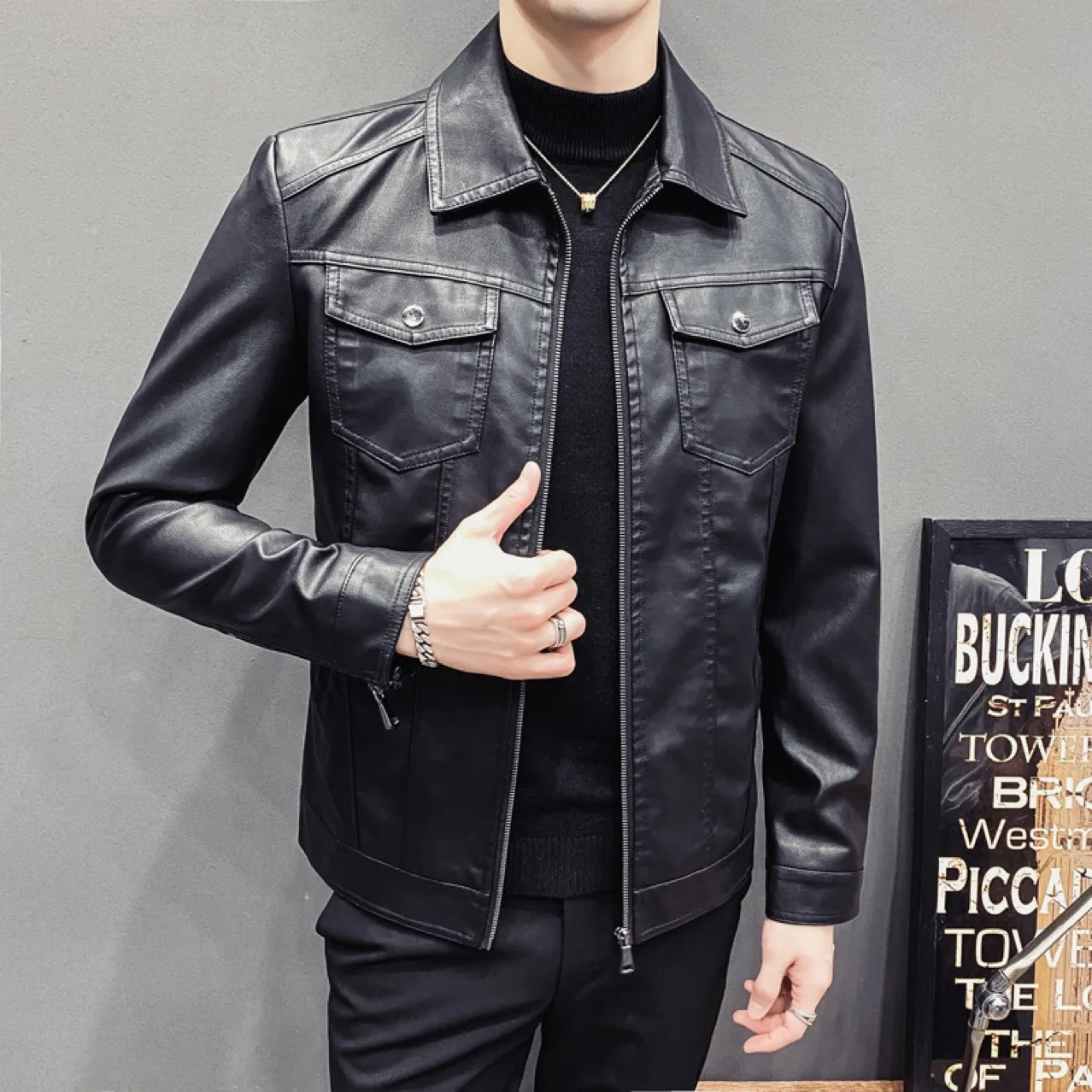 Top Trends: Autumn And Winter New Men&#039;s Casual Motorcycle Jacket Slim Korean Version Lapel PU Leather Shoppable Styles