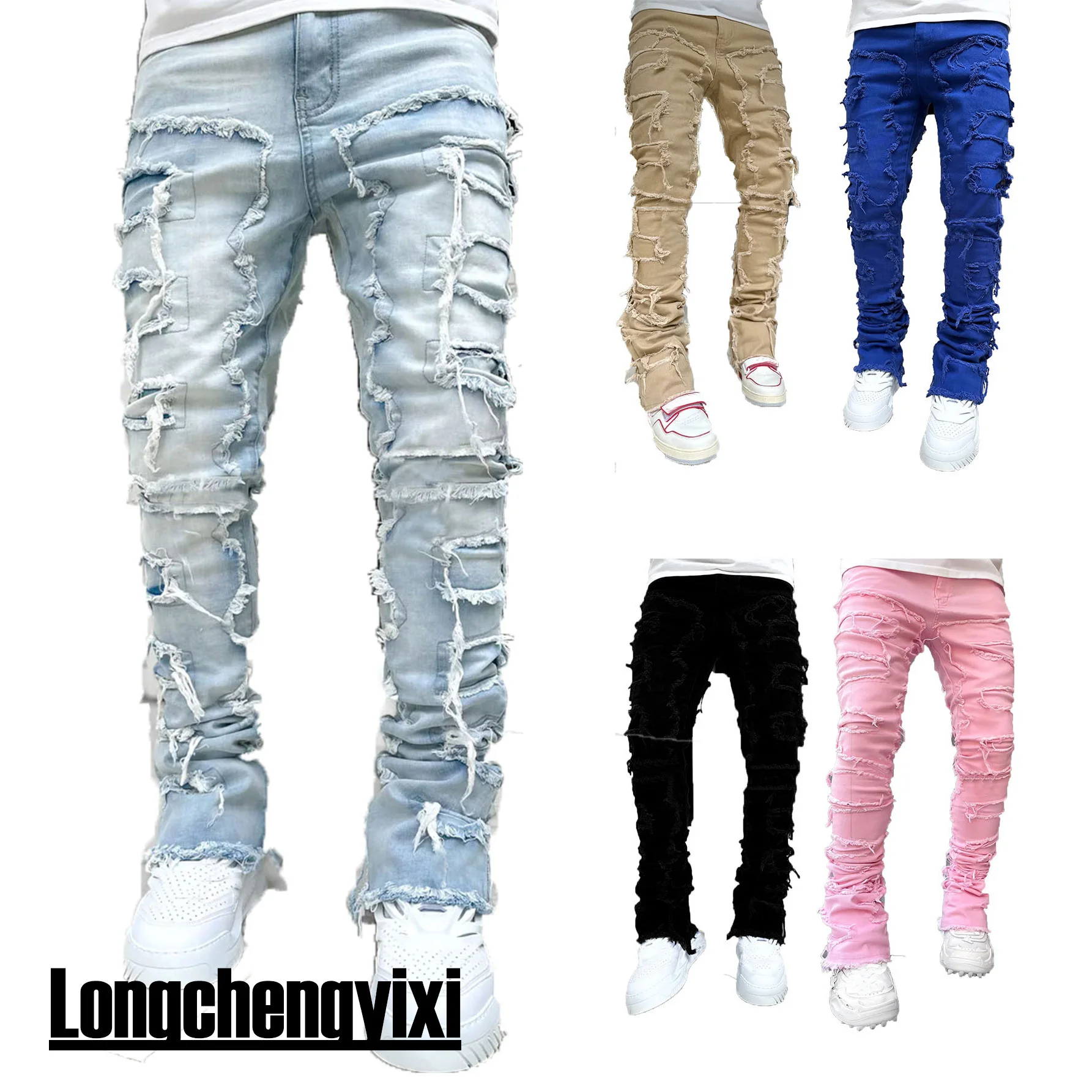 Top Trends: Streetwise Stretch Patch Jeans For Men Bottom Baggy Men&#039;s Clothing Summer Solid New Fashion Mid Waist Patchwork Long Pants Male Shoppable Styles