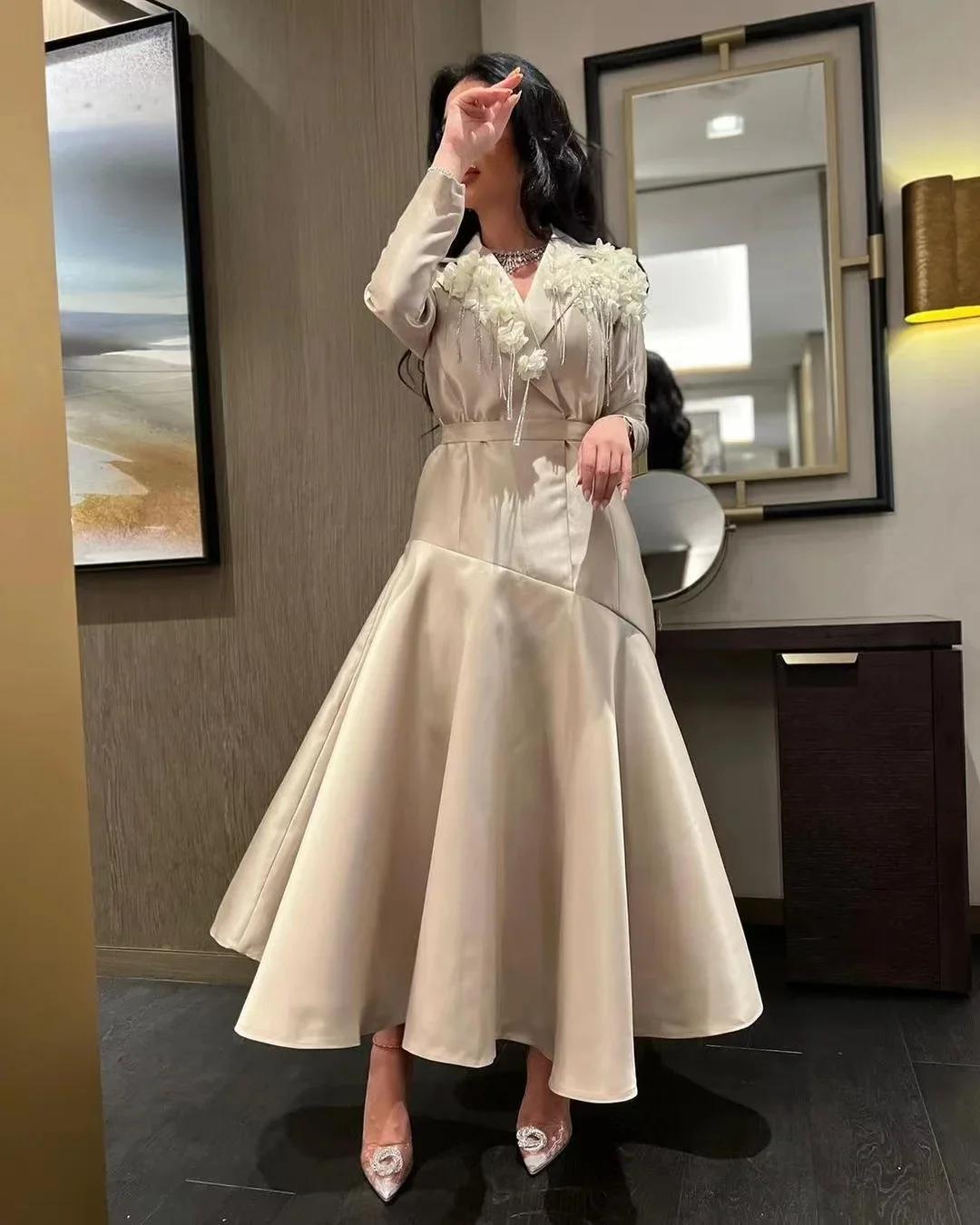 Top Trends: Saudi Arabia Women V Neck Handmade Flowers Prom Dresses Long Sleeves Birthday Party Evening Dress Special Occasion Vestidos Des Shoppable Styles