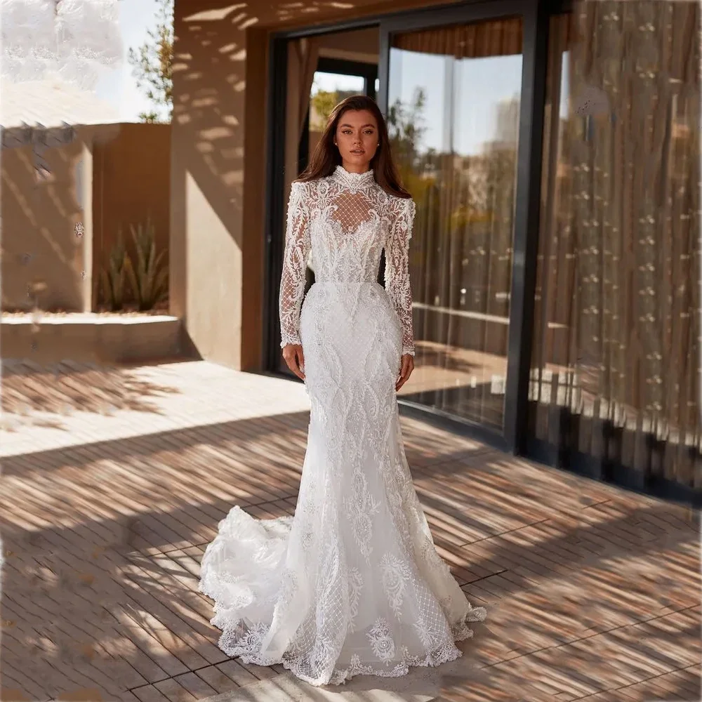 Top Trends: Luxury Lace Mermaid Wedding Dresses Tulle Appliques Long Sleeves With Button High Neck Bridal Gowns Robe De Mariée Shoppable Styles