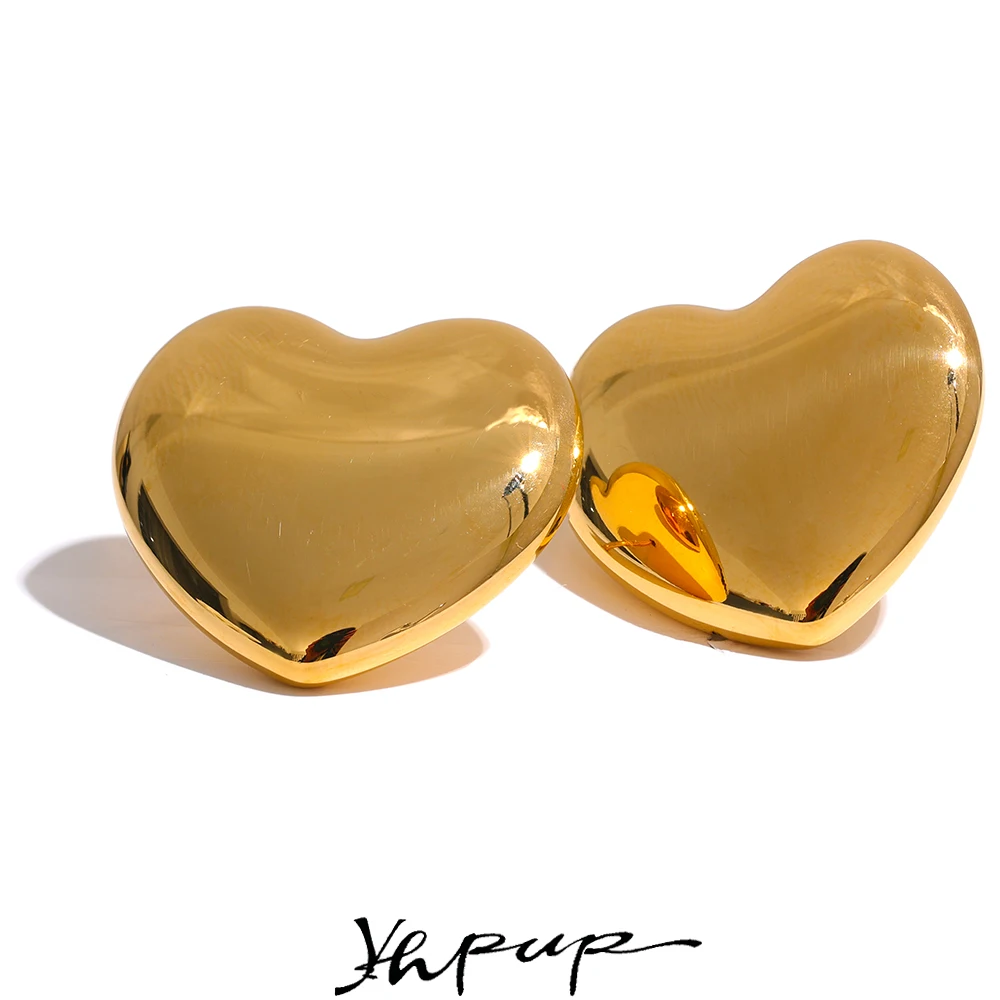 Top Trends: Yhpup 25mm Big Heart Stud Earrings Stainless Steel Bright Smooth Metal Waterproof Fashion Gold Color Charm Lovely Jewelry Gift Shoppable Styles