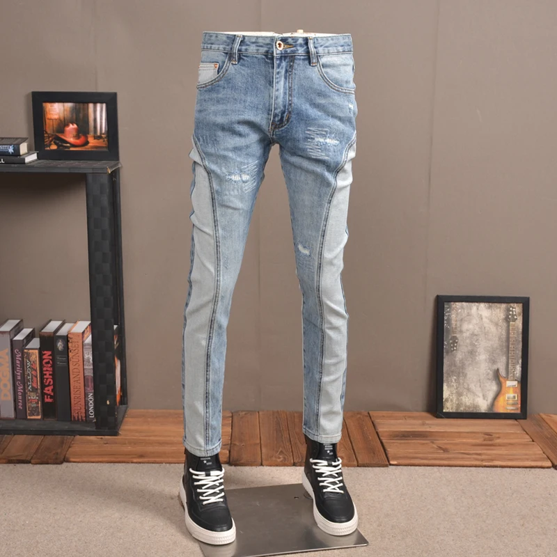 Top Trends: Men Light Blue Ripped Patchwork Jeans Autumn Streetwear Slim Fit Pencil Pants Korean Style Casual Denim Trousers CP2023 Shoppable Styles