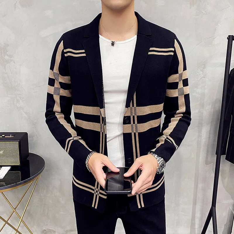 Top Trends: 2023 Men&#039;s Knitted Sweater Jacket Men Fashion High Quality Brand Slim Striped Long Sleeve Suit Collar Cardigan Wool Jacket Coat Shoppable Styles