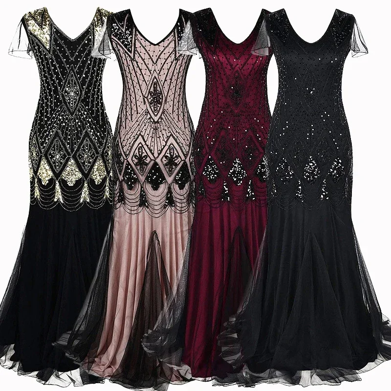 Top Trends: Retro 1920s Flapper Long Sequin Dress Banquet Party Evening Dress Ladies Gatsby Dress Wedding Gown Stage Cosplay Costume Shoppable Styles