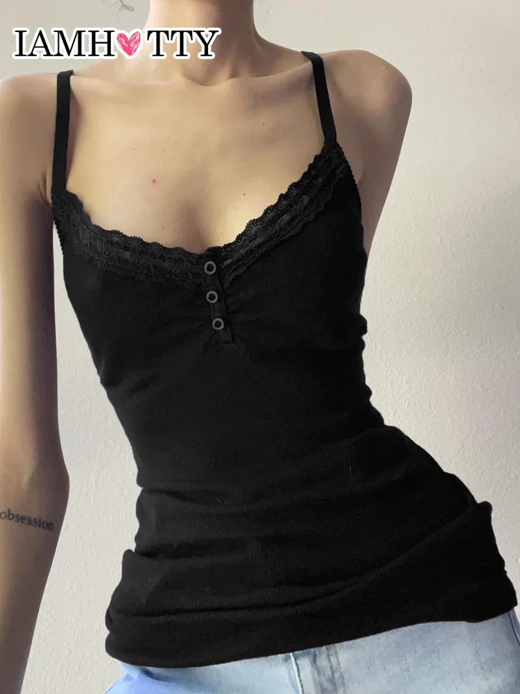 Top Trends: IAMHOTTY Sexy Folds Buttons Sleeveless Crop Top Black Clubwear Vintage Y2K Corset Tops Coquette Camisole Casual Basic T-shirt Shoppable Styles