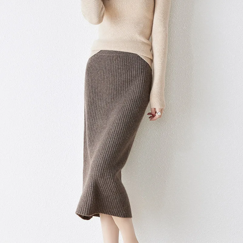 Top Trends: 100% Merino Wool Sweater Knitted Mid-Length Skirt 2023 New Autumn And Winter Women's Striped Slit Mid-Length Skirt Shoppable Styles