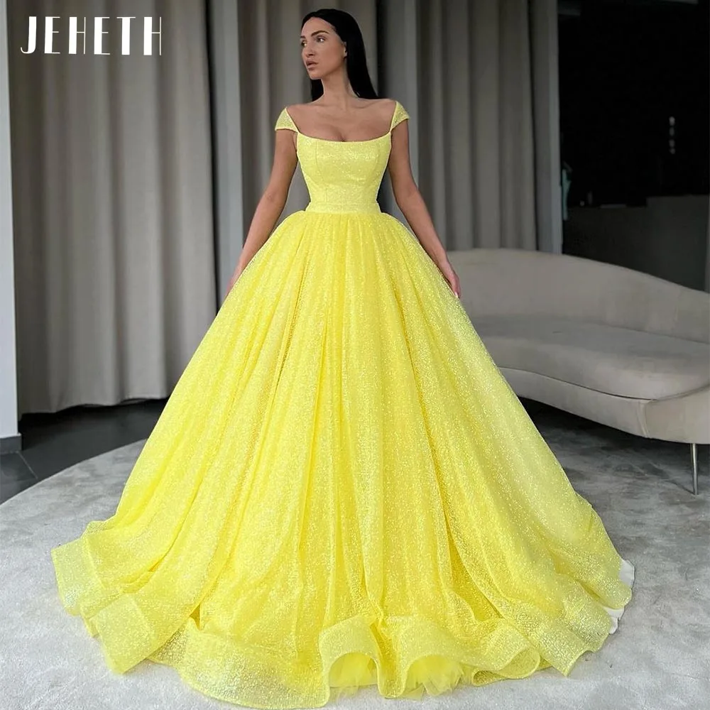 Top Trends: JEHETH Modern Yellow Tulle Prom Dresses Cap Sleeves Square Collar Evening Party Dress A Line Long Shiny Robes De Cocktail Shoppable Styles - Image 4