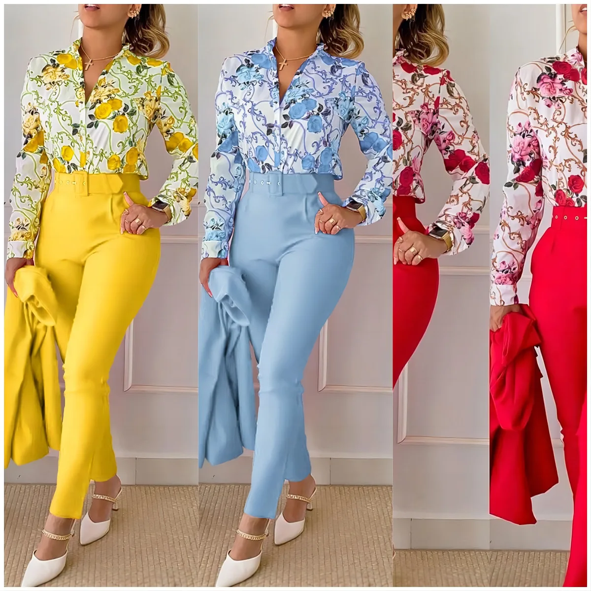 Top Trends: Fashion Print Two Piece Sets Autumn Women Outfits Elegant Office Lady Single Breasted Long Sleeve Top Work Pants Casual Suit Shoppable Styles