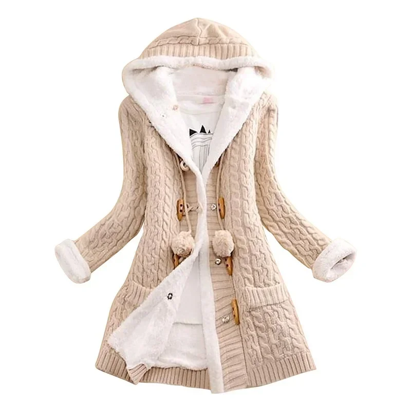 Top Trends: Women Thick Warm Long Sleeve Knit Weave Long Jacket Tops Lady Winter Hooded Fleece Liner Cardigan Solid Knitted Sweater Coat New Shoppable Styles