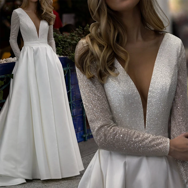 Top Trends: Haute Couture Simple Fine Sparkly Piece Deep V-neck The Bride Dress With Backless Luxury Satin Pleated A-LINE Wedding Dress Shoppable Styles