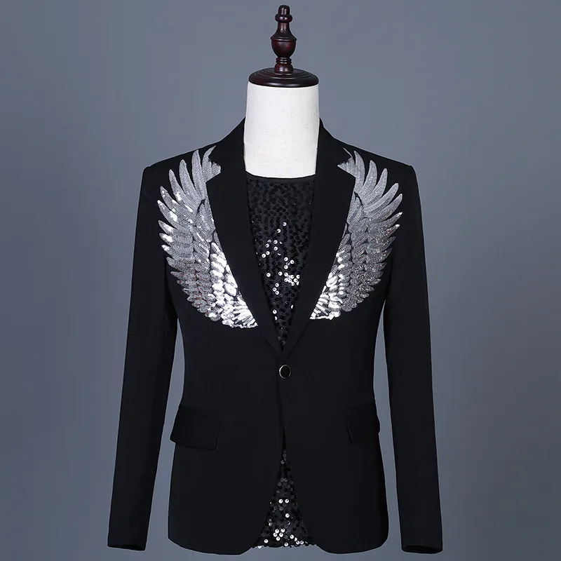 Top Trends: Casual Men&#039;s Suit Jacket Black White Singer Stage Clothing Multi-colored Sequin Wings Dress Suit Coat Single Button Male Blazers Shoppable Styles