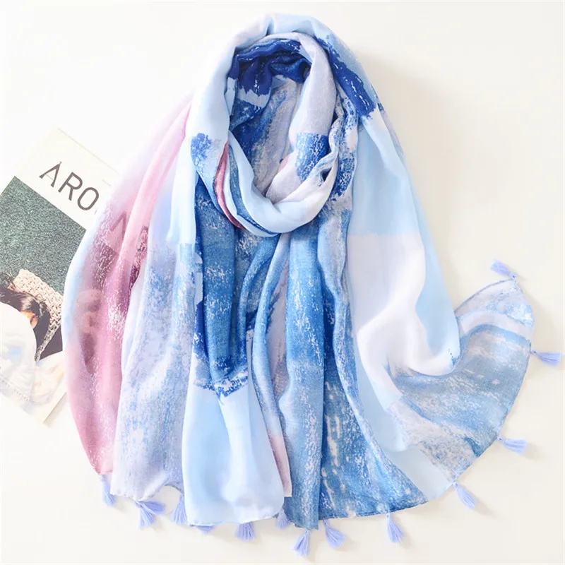 Top Trends: Fashion Designer Ombre Gradient Tassel Viscose Shawl Scarf High Quality Spring Summer Neckerchief Foulards Muslim Hijab 180*90Cm Shoppable Styles