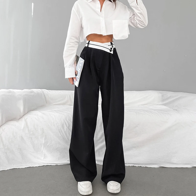 Top Trends: Patchwork Straight Wide Leg Pants Women Y2K Black Leisure High Waist Spring Summer 2023 Baggy Office Trousers Korean Style Shoppable Styles