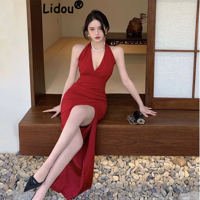 Top Trends: Women Sleeveless Chest Wrap Maxi Dress Split Deep Sexy V Neck Party Elegant Red Evening Dresses Summer Female Fashion Mini Robe Shoppable Styles