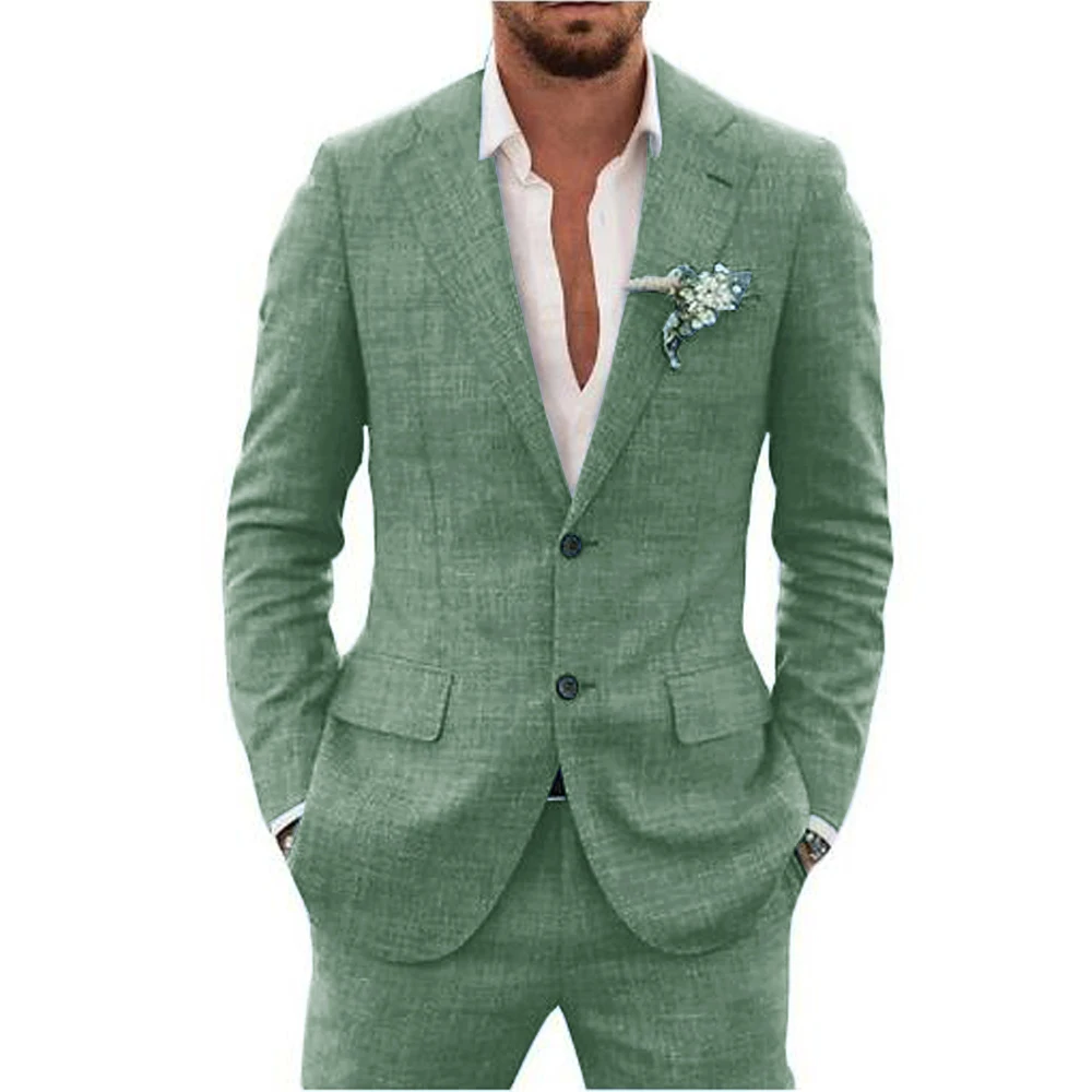 Top Trends: Slub Cotton Linen Suiting Fabric Full Men's Suit Lapel Collar Single-breasted 2 Piece Set Elegant Man Suits High Quality Blazer Shoppable Styles - Image 6