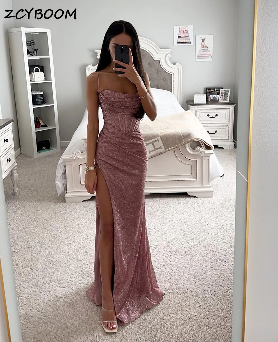 Top Trends: Sexy Rose Gold Sparkling Tulle Mermaid Evening Dresses 2023 Side Slit Floor Length Spaghetti Straps Graduation Party Prom Gowns Shoppable Styles