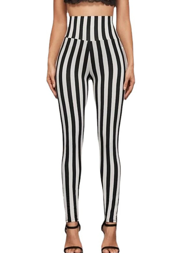 Top Trends: High Waist Elastic Gym Leggings Black White Striped Printed Sexy Women Fashion Workout Pencil Pants Fitness Jeggings Shoppable Styles