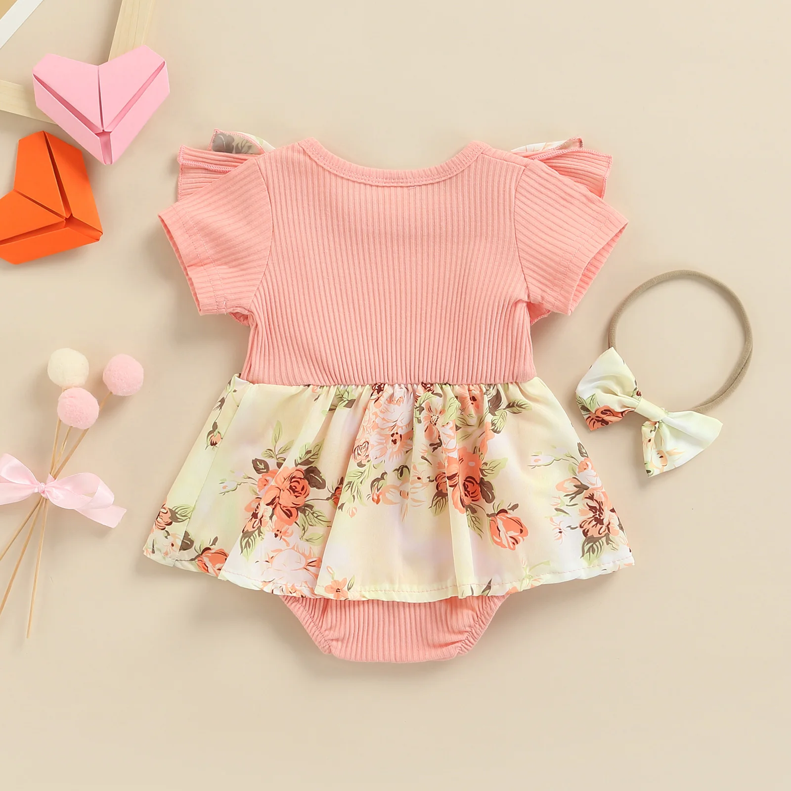 Top Trends: Baby Girls Ruffle Decoration Flying Sleeve Ribbed Romper Dress Bowknot Headband Flower Pattern Sweet Style Summer 2pcs Clothing Shoppable Styles - Image 6