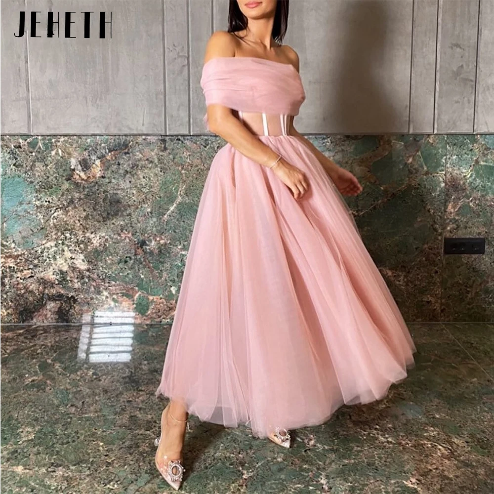 Top Trends: JEHETH Pastrol Pink Evening Dresses Off Shoulder Boat Neck Party Dresses Classic A-Line Tea-Length Tulle Vestidos Prom 2023 Shoppable Styles