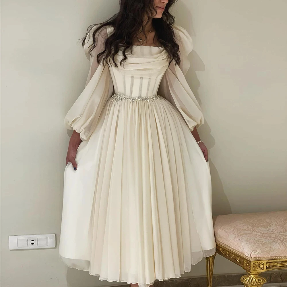 Top Trends: Sulead Dress Dubai Beige Short Arabic Evening Dress With Long Sleeves Square Neck Tea Length Midi Women Wedding Party Gowns Shoppable Styles