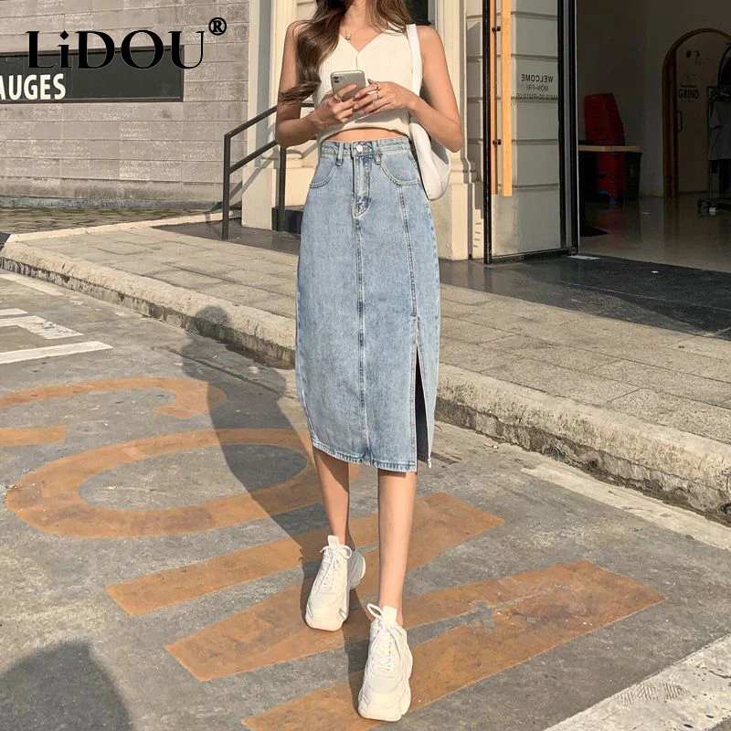 Top Trends: Summer Fashion Women's Elegant Slit Spliced Denim Skirts Ladies High Waist Vintage Casual All-match Bodycon Skirt Female Clothes Shoppable Styles