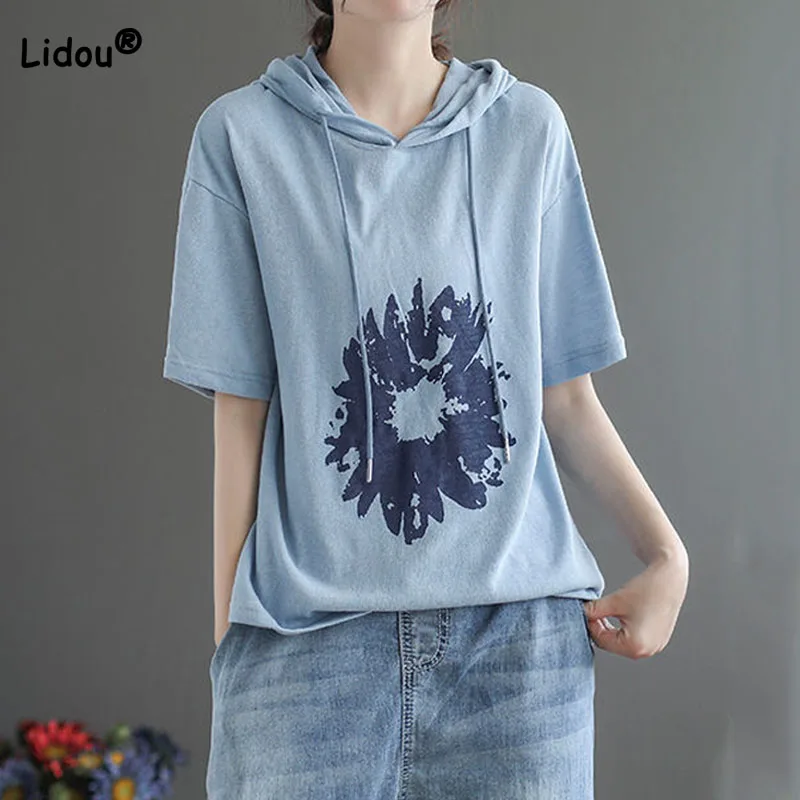 Top Trends: Korean Loose Solid Color Floral Printed Hooded T-shirt Female Casual Fashion Short Sleeve Sweatshirts Summer Women's Clothing Shoppable Styles